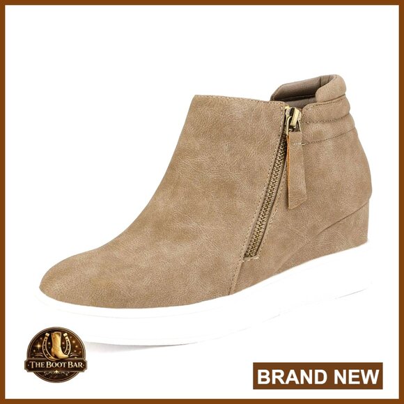 Shoes - Platform Wedge Sneaker Ankle Booties with Zipper Closure